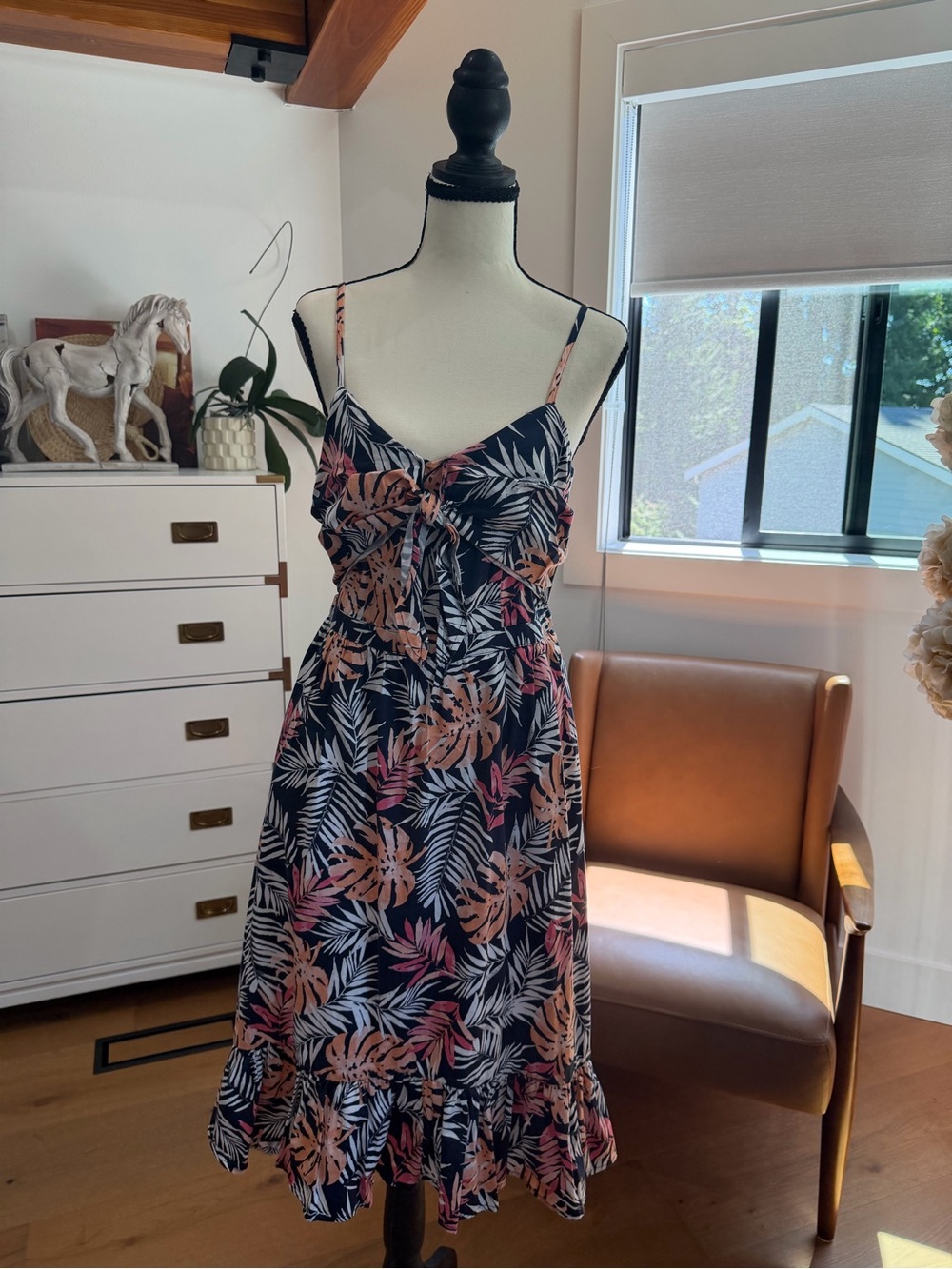 Maison Jules Navy Midi Dress with Pink & Cream Tropical Print